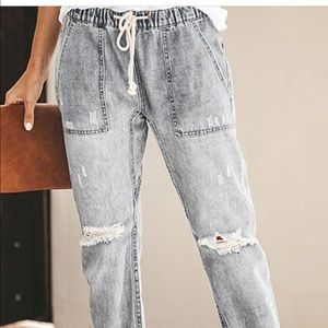 Denim Drawstring Waist Hole Distressed Pants